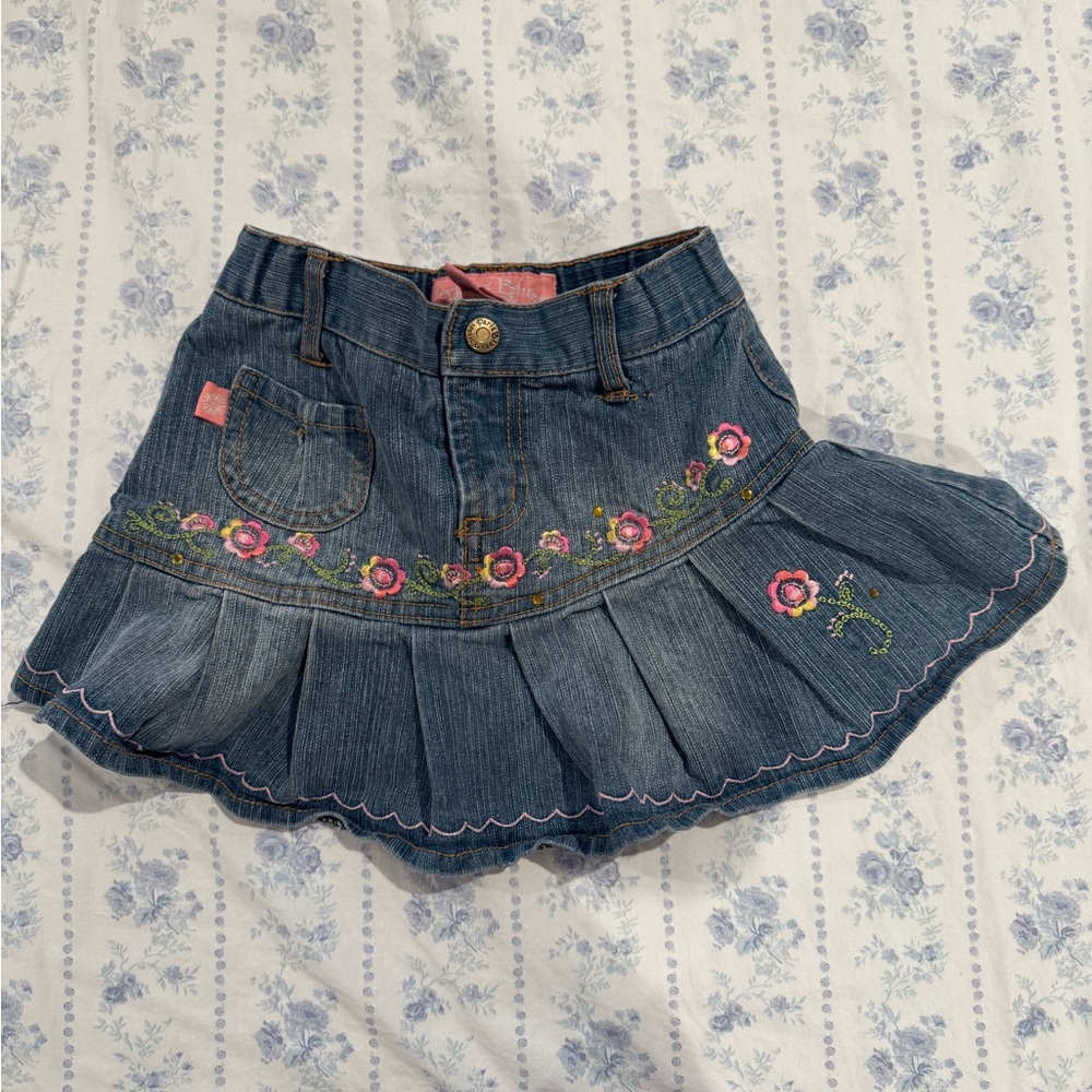 Y2K Denim Skirt with Floral‎ Embroidery